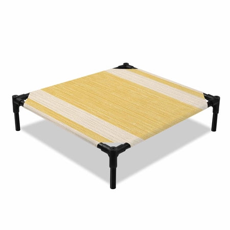 Yellow Stripe Elevated Dog Bed Modern Geometric Classic Linear Slub Fabric Texture Cooling Breathable Outdoor Raised Dog Cot Bed with Metal Frame Non-Slip Feet for Small Dog 20x20in