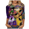 thumbnail image 3 of Aloohaidyvio Tops,Womens Mardi Gras Loose 3/4 Sleeve Mask Shiny Glitter Print Crew Neck T-Shirt Blouse,Mardi Gras Clothing Women, 3 of 5