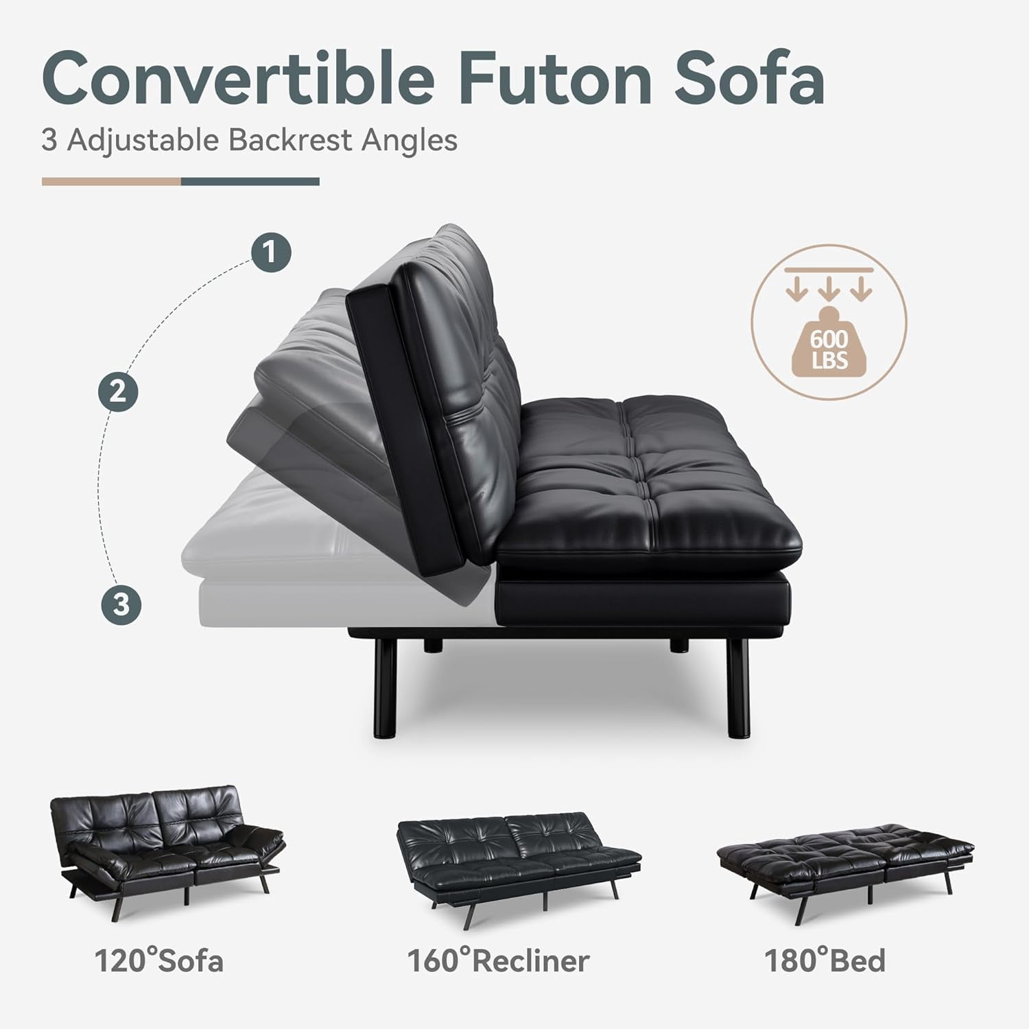 Vyfipt Convertible Futon Sofa Bed, Black Faux Leather Futon Couch with Adjustable Backrest & Armrests, Folding Small Recliner Sleeper Sofa Bed for Living Room, Apartment, Office