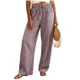 thumbnail image 4 of GEWSEY Womens Wide Leg Striped Plaid Pants Casual Barrel Loose Drawstring Low Waist Palazzo Harem Pants with Pockets (Brown, S), 4 of 9