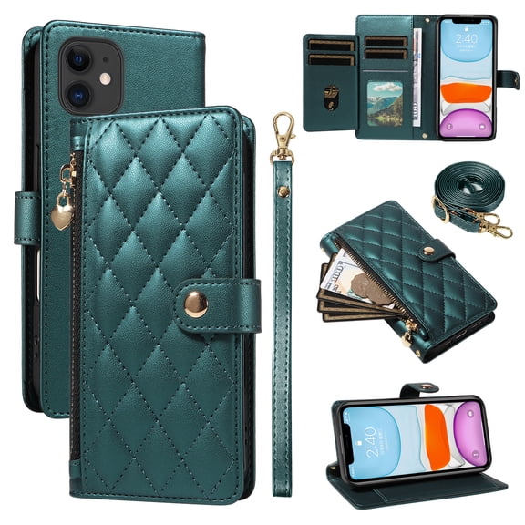 For iPhone 11 Wallet Case: with RFID Blocking Card Slots [5 Cards 1 Cash Slot 1 Zipper Pocket | Soft PU Leather Magnetic Snap | Crossbody & Wrist Strap Protective Phone Cover,Darkgreen