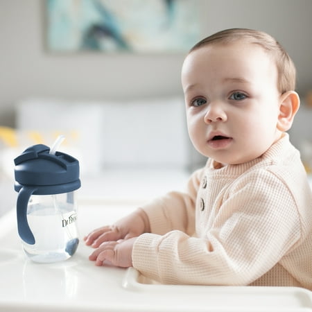 Dr. Brown's Milestones Baby's First Straw Cup, Training Cup with Weighted Straw, 9oz/270ml, Dark Blue, 6m