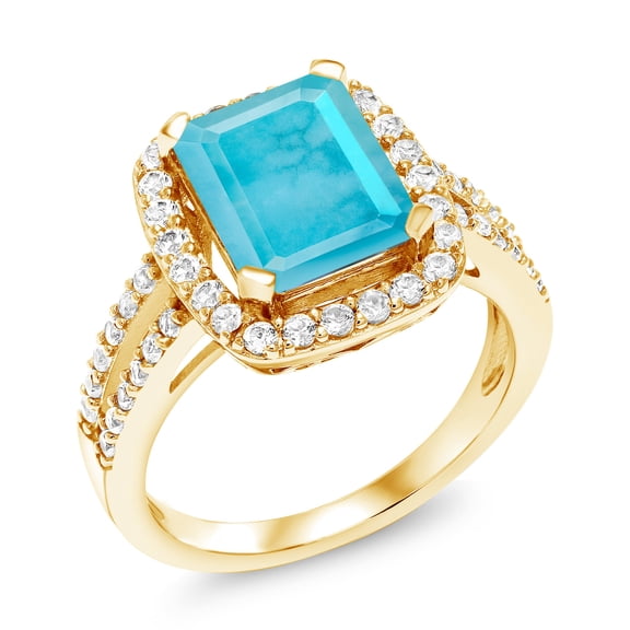 Gem Stone King 2.92 Ct Emerald Cut Green Turquoise 18K Yellow Gold Plated Silver Ring (Size 7)