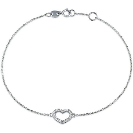Miabella 1/10 Carat T.W. Diamond 14kt White Gold Heart Charm Bracelet, 7