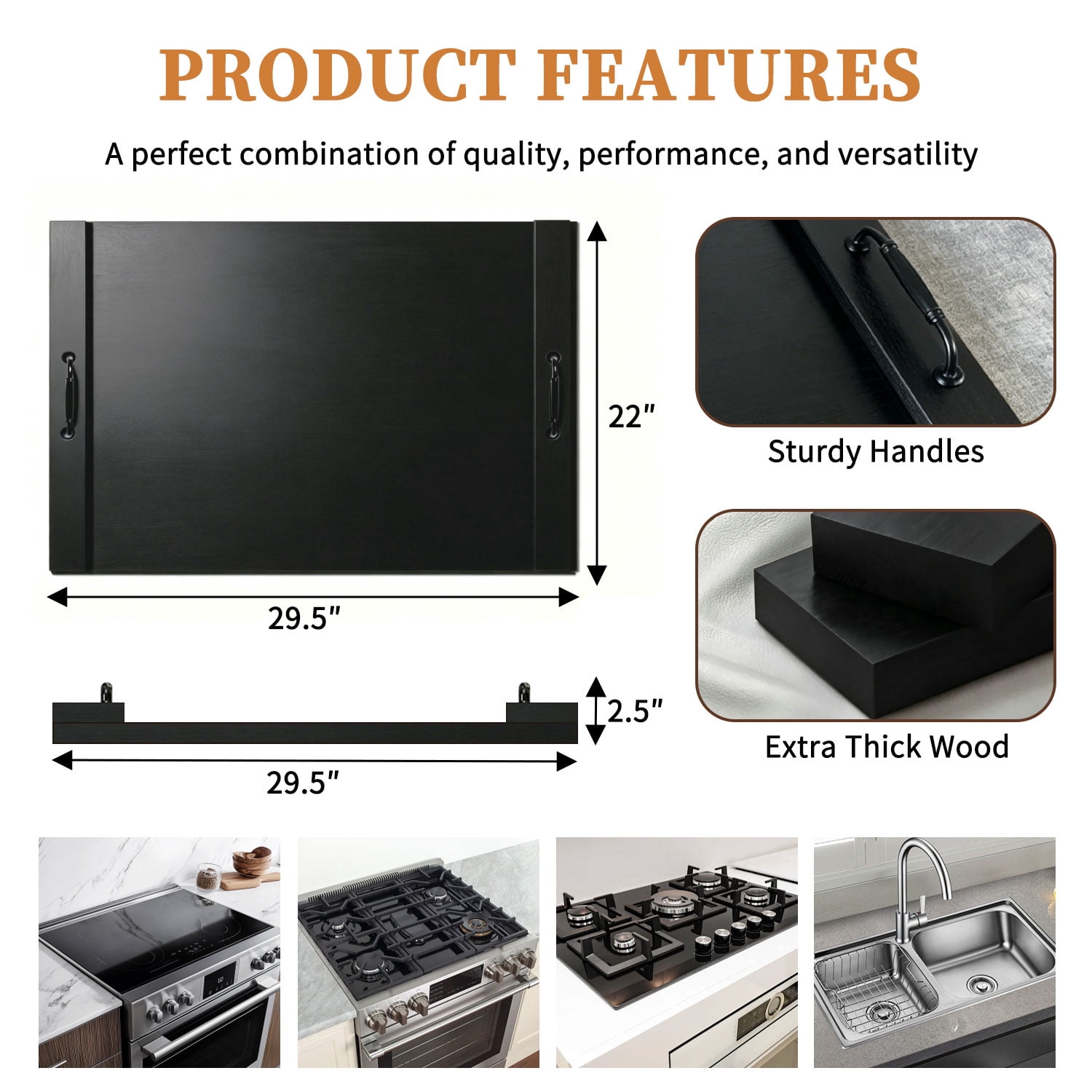 YAOYAO LAND Noodle Board Stove Cover with Handles, Acacia Wood, for Electric Gas Stove Top (Black)