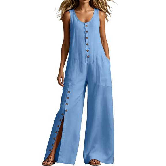 Wensltd Jumpsuits For Women Sleeveless Side Pockets Wide Leg Full Length Jumpsuits Vacation Daily Casual Party
