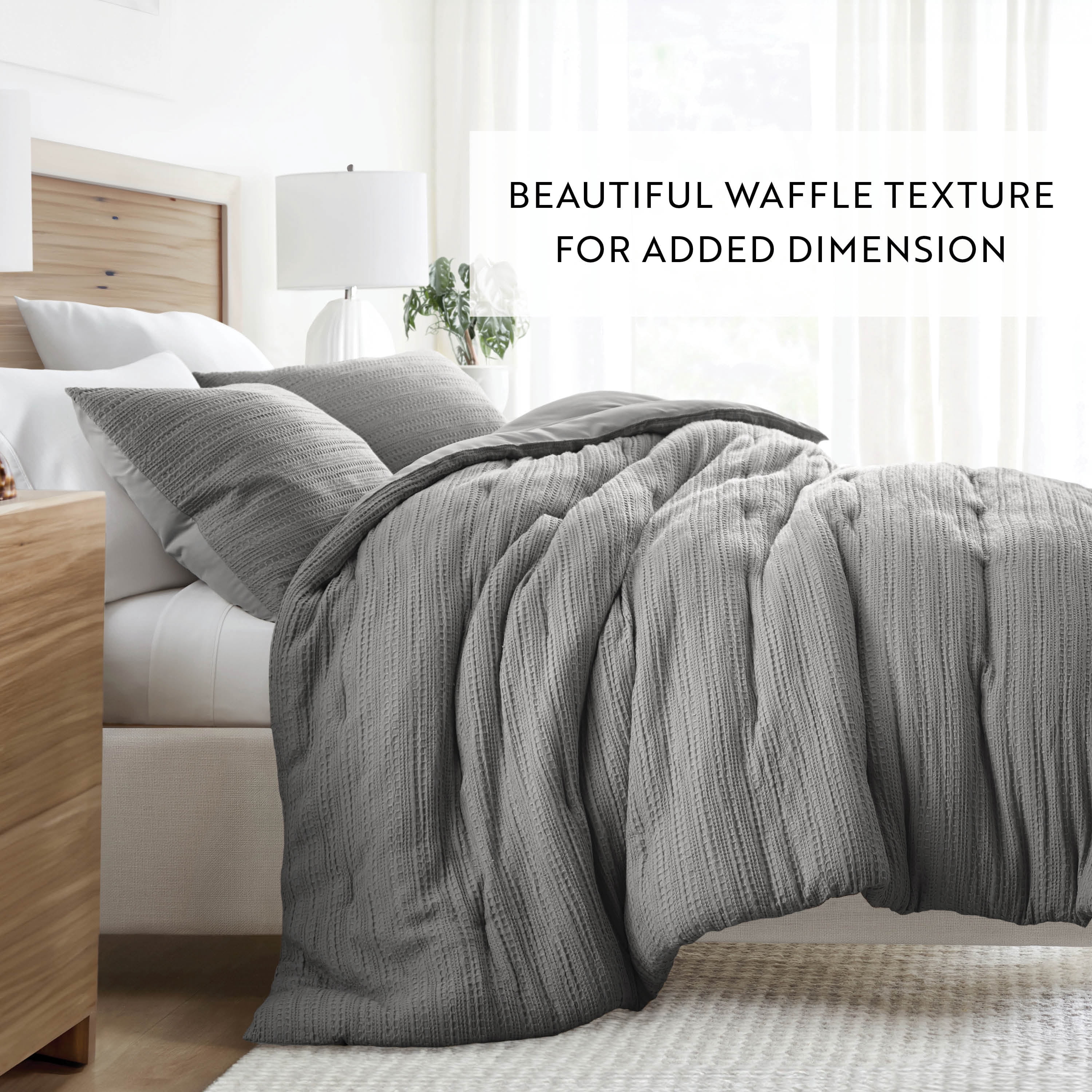 Noble Linens 3 Piece Fog-Gray Waffle Textured All Season Down-Alternative Comforter Set, Full/Queen