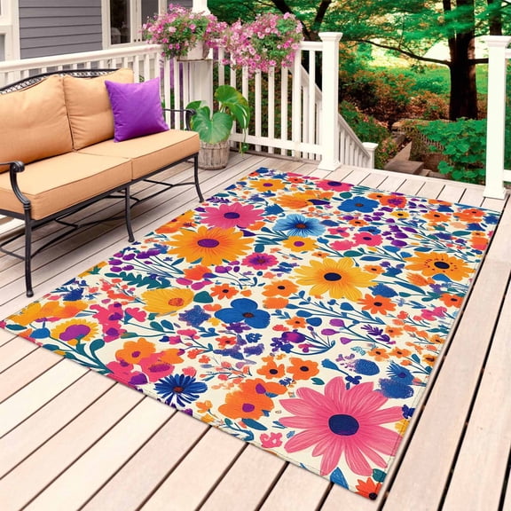 Colorful Spring Floral Outdoor Rug for Patio/Deck/Porch, Non-Slip Large Area Rug 4 x 6 Ft, Farmhouse Summer Botanical Indoor Outdoor Rugs Washable Area Rugs, Reversible Camping Rug Carpet Runner
