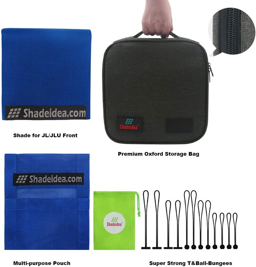Shadeidea Jeep Wrangler Sunshade JL Unlimited (2018-Current) 2 Door and 4 Door Front-Blue Mesh Screen Sunshade JLU SAHARA RUBICON SPORT S Top Cover UV Blocker with Grab Bag-10 years Warranty