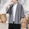 thumbnail image 3 of Mdesiwst Men Summer Shirt Solid Color Cardigan Open Stitch Chinese Style Plus Size Three Quarter Sleeves Soft Breathable Quick-drying Casual Men Sunscreen Top, 3 of 6