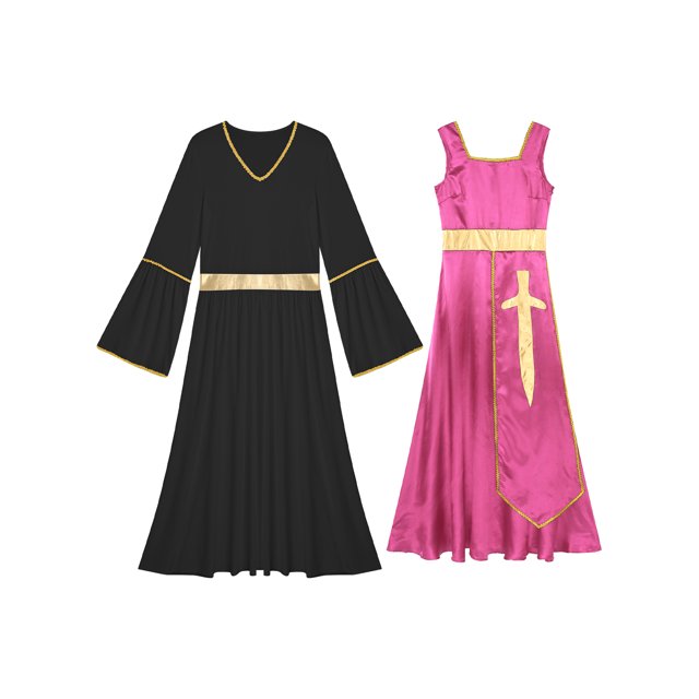 Raenseen Robes de Danse pour Femmes Tenues de Culte Col Carré Tunique avec Robes à Manches Longues Rose Vif&Noir G