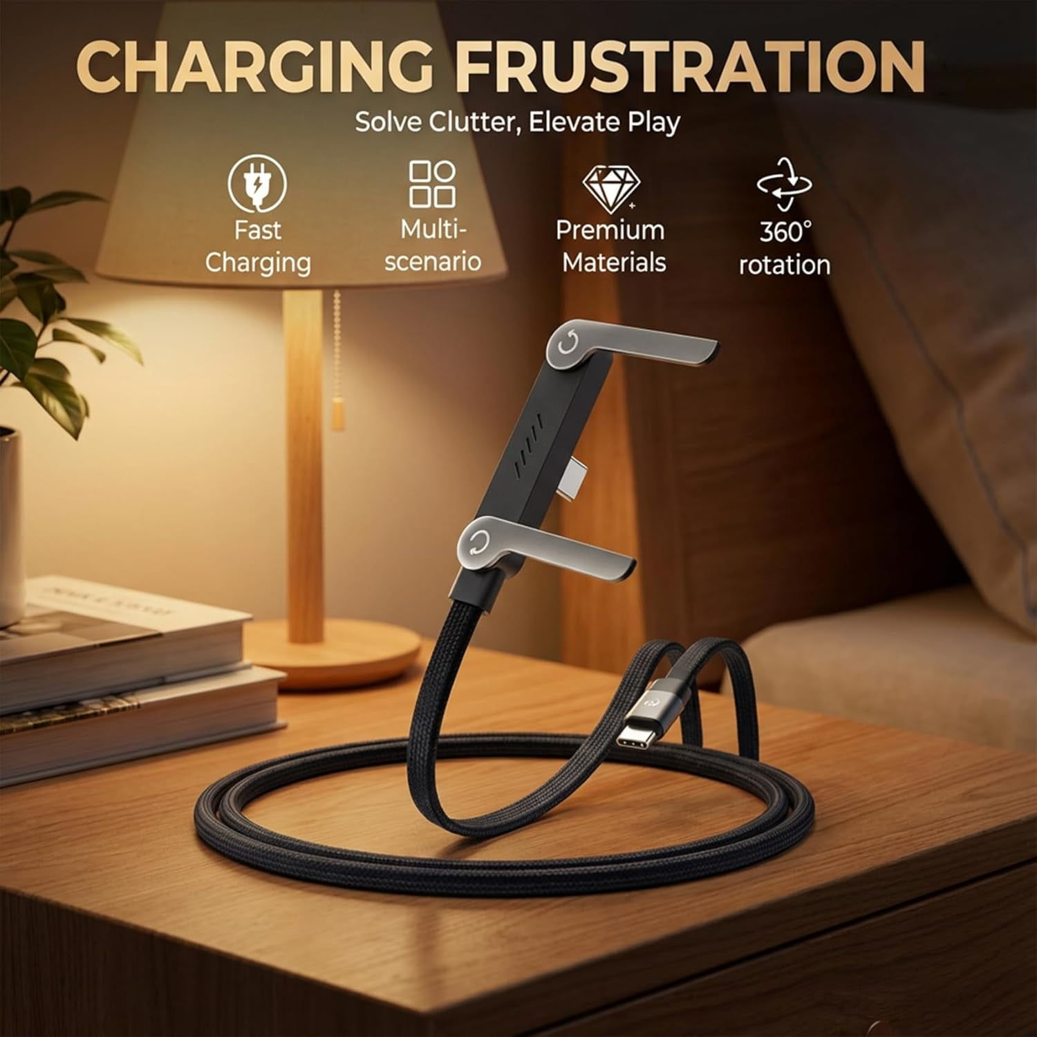 Sideways Phone Charger, 2-in-1 Invisible Stand Charging Cable with 240W Fast Charging, Built-in Phone Holder & Braided Cable for Smartphones Tablets