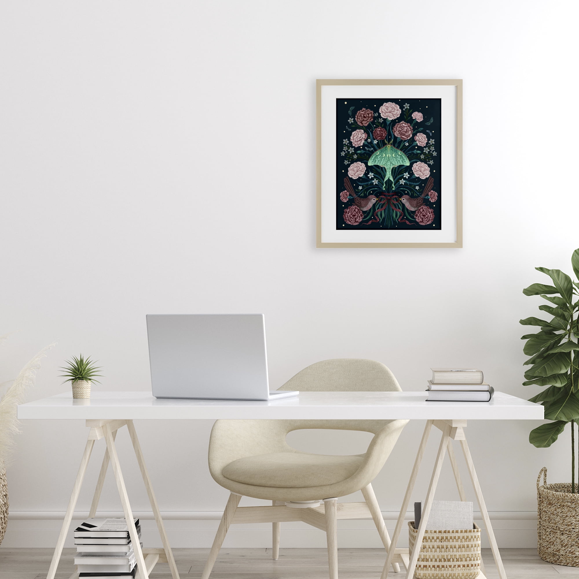 Stupell Industries January Carnations & Moth Birch Framed Print Under Glass, design by Episodic Drawings