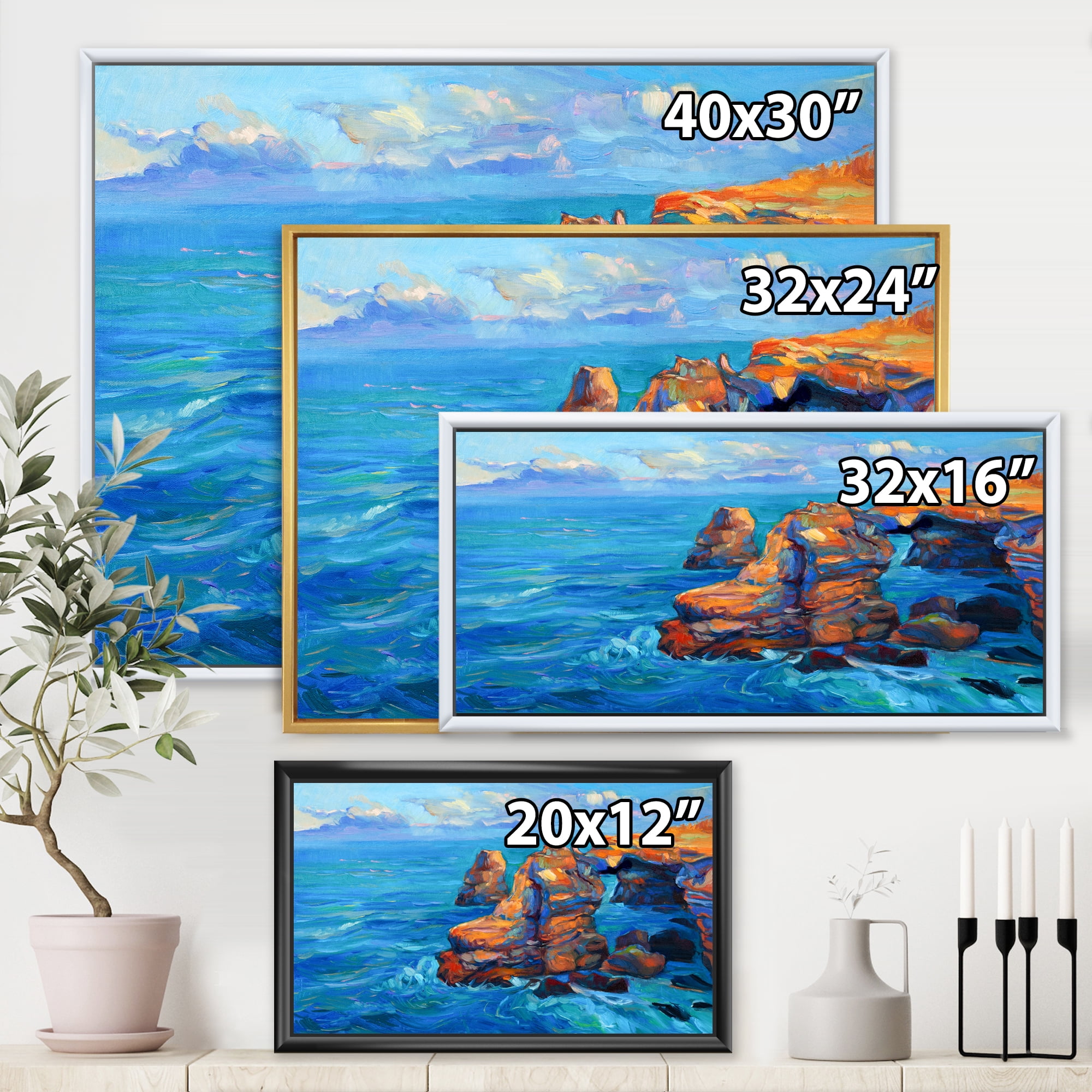 Designart 'The Blue Ocean By Rocky Cliffs' Nautical & Coastal Framed Canvas Wall Art Print