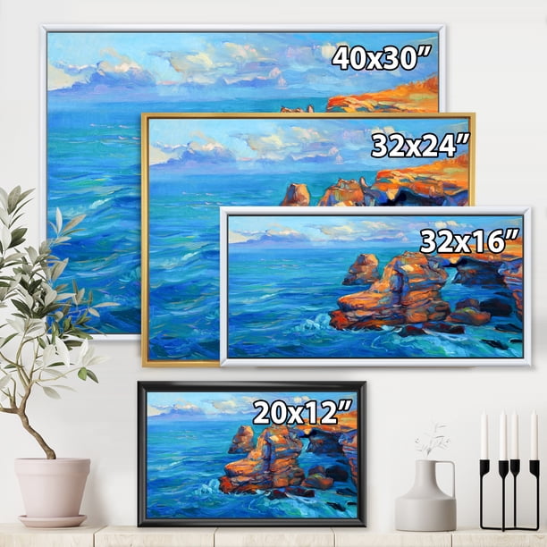 The Blue Ocean By Rocky Cliffs 20 in x 12 in Framed Painting