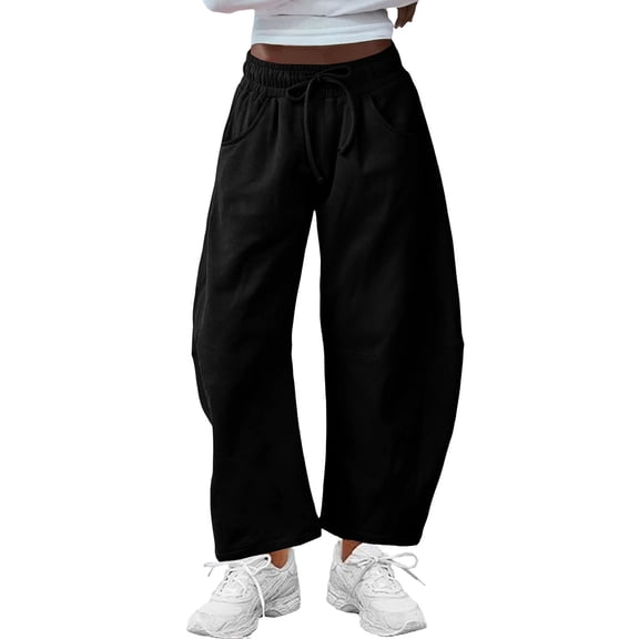 GILIGEGE Women's Barrel Leg Sweatpant Drawstring Elastic Waisted Wide Leg Pants Casual Cotton Palazzo Baggy Gym Trousers Drawstring Sweat Pants with Pockets Casual Loose Sweat Pants Lounge Pant Black
