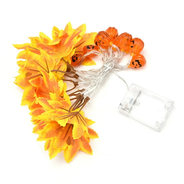Guirnalda de luces LED con hojas de arce amarillas y diseño de calabaza con 20 LED para Halloween.
