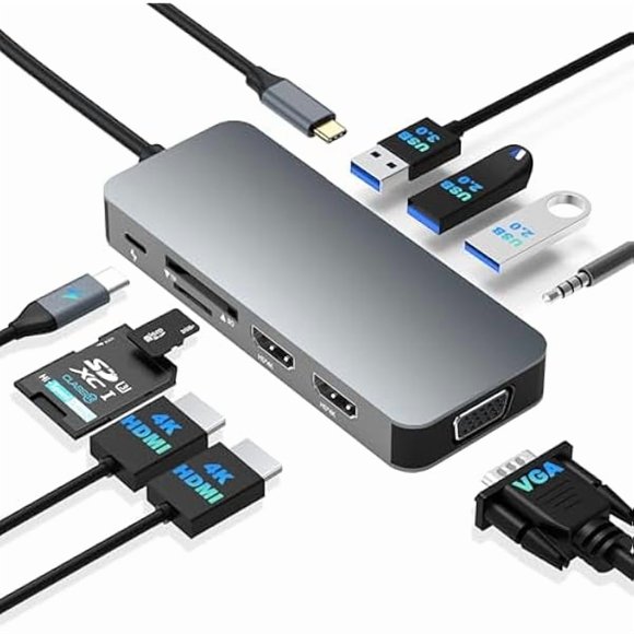 Docking Station Dual Monitor, USB C to Dual HDMI Adapter, Computer Docking Station for Laptop, Dual Monitor Adapter, 10 in 1 USB C Hub Multiport with HDMI/VGA/PD/USB/SD/TF/3.5mm Audio