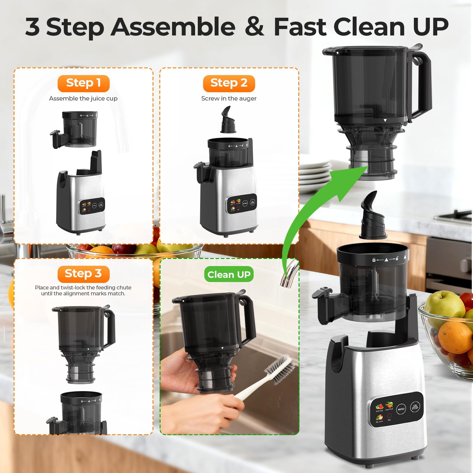 Auseo Cold Press Juicer, 5.4'' Wide Feed Chute Juicer Machines, Slow Masticating Juicer for Whole Vegetables & Fruits, High Juice Yield, Easy to Clean, 3 Function Modes with Rev