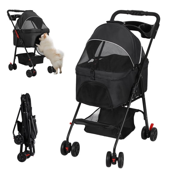 Foldable Pet Stroller, 4 Wheel Dog and Cat Stroller with Removable Carrier, Breathable Mesh Canopy, Storage Basket and Cup Holder, Pet Carrying Cart Holds Up to 17.6lbs for Walks Outings Shopping