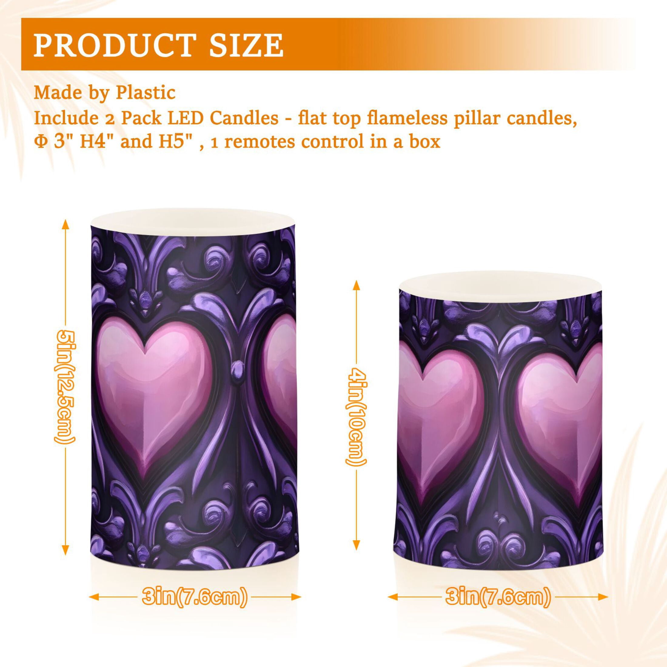 Shining Purple Heart Flickering Flameless Candles Battery Operated with Remote Timer LED Pillar Candles Set of 2