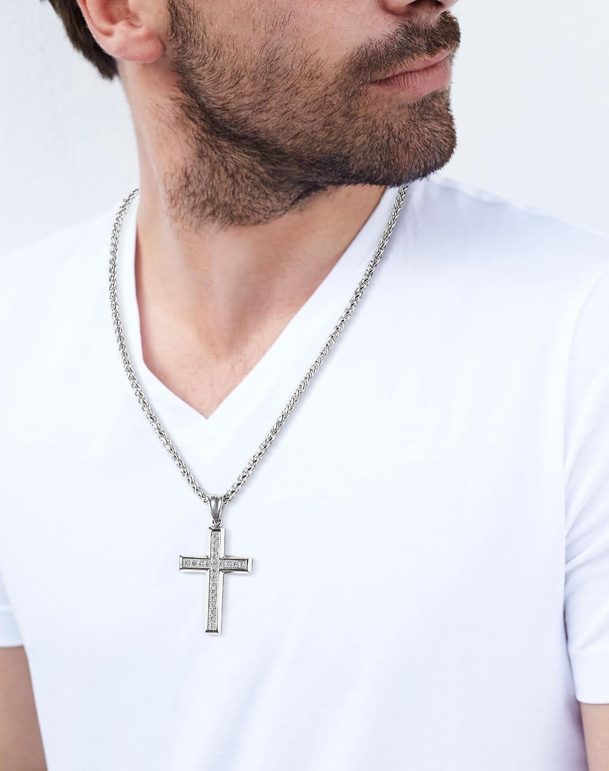 Leander Stainless Steel CZ Cross Necklace Men Women - 18K Gold Plated 5A+ Cubic Zirconia Crucifix Pendant - Christian Religious 3mm Rolo Chain Jewelry Present