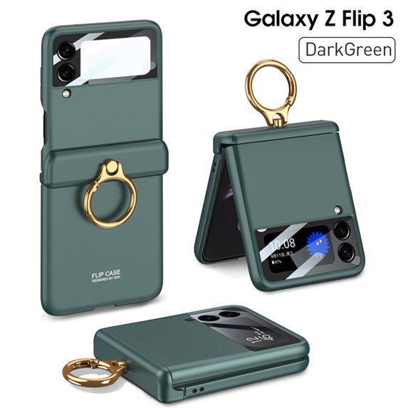 SaniMore Case for Samsung Galaxy Z Flip 3 6.7" 2021, Hinge Protection All-inclusive 360 Degree Rotating Metal Ring/Kickstand Wireless Charigng Lens Film Folding Case for Galaxy Z Flip 3, Green