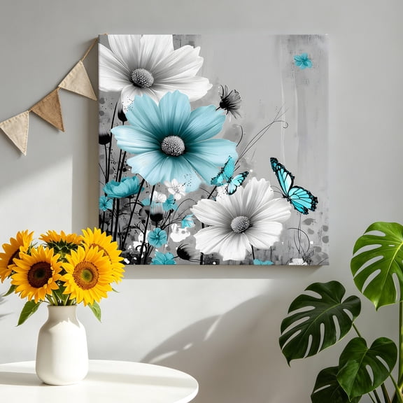 Gray Teal Daisy Butterfly Canvas Wall Art, Nature Floral Wildflowers Abstract Framed Canvas Wall Decor Picture Print Artwork Decorations for Living Room Office Ready to Hang 10" x 10"