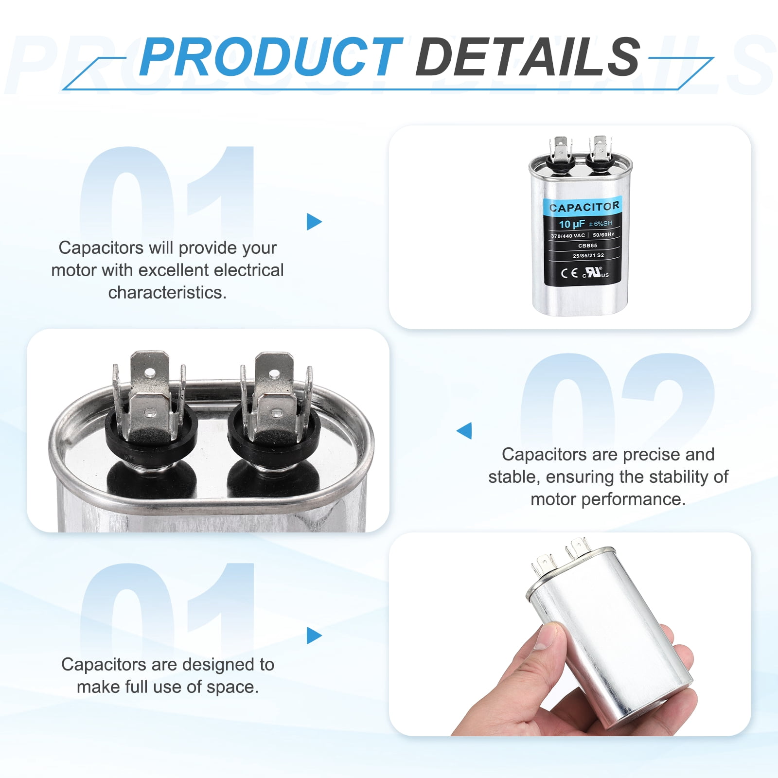 Uxcell 2Pcs 10MFD CBB65 Run Start Capacitor 10uF, 370/440V Oval AC Capacitor for AC Motor Run, HVAC, Air Conditioner, Condenser Motors