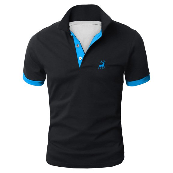 Bibifish Mens Polo Shirts Deer Embroidery Contrast Placket Short Sleeve Shirts Regular Fit Office Wear Commute Business Tops