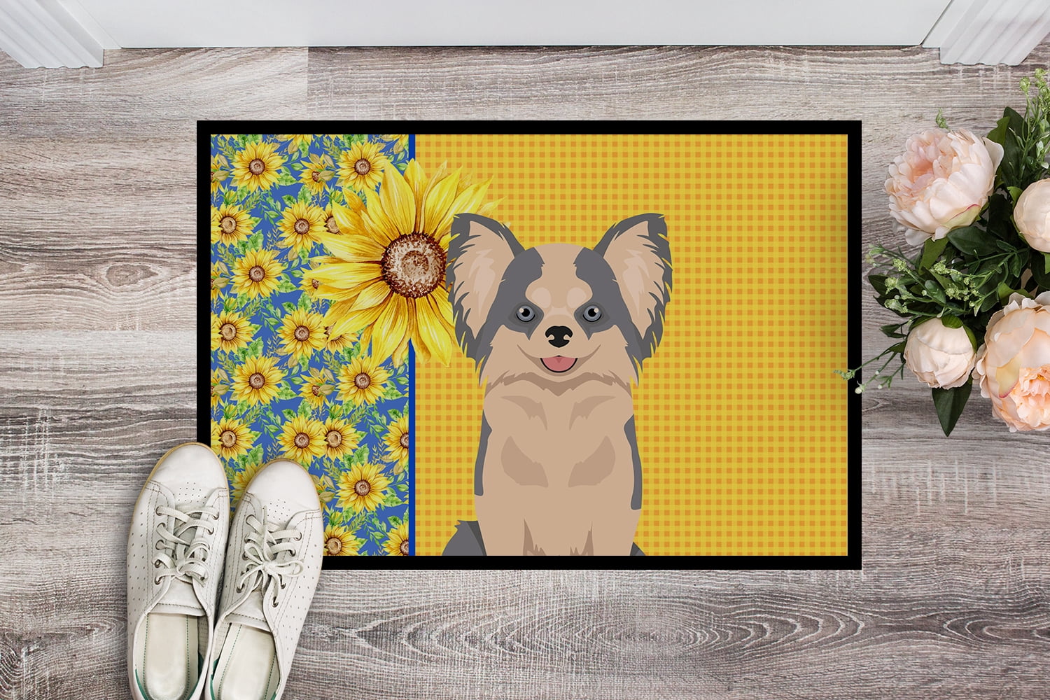 Carolines Treasures WDK5364JMAT 24 x 36 in. Summer Sunflowers Longhaired Blue & White Chihuahua Indoor or Outdoor Mat