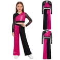 thumbnail image 5 of TiaoBug Kids Jazz Dance Outfit Sequin Mesh Long Sleeve Crop Top with Lyrical Performance Chiffon Pants Hot Pink 10, 5 of 6