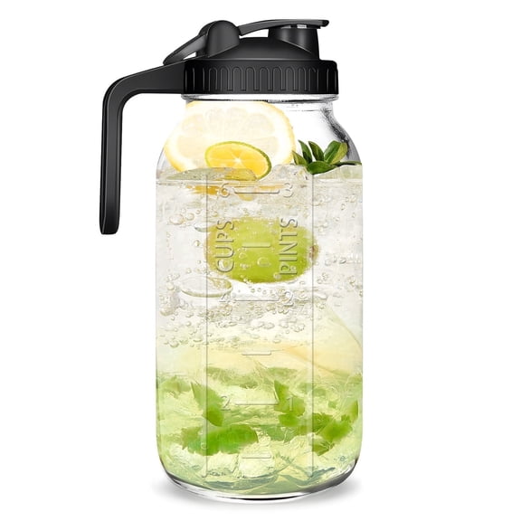 JUNLIN Glass Pitcher,Glass Mason Jar Pitcher with Lid & Spout, 64 oz (2 Quart) Leak-proof Wide Mouth Jug for Cold Brew Coffee, Iced Beverage, Sun Tea, Juice.