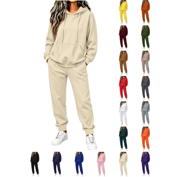 Tracksuits For Women Set Women's Winter Casual Fashion Solid Color Hooded Sweatshirt With Drawstring Pockets And Cuffed Pants Set Beige L