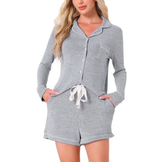 INSPIRE CHIC Womens Lounge Set Soft Button Up Notch Collar Long Sleeve with Shorts Set with Pockets S Grey