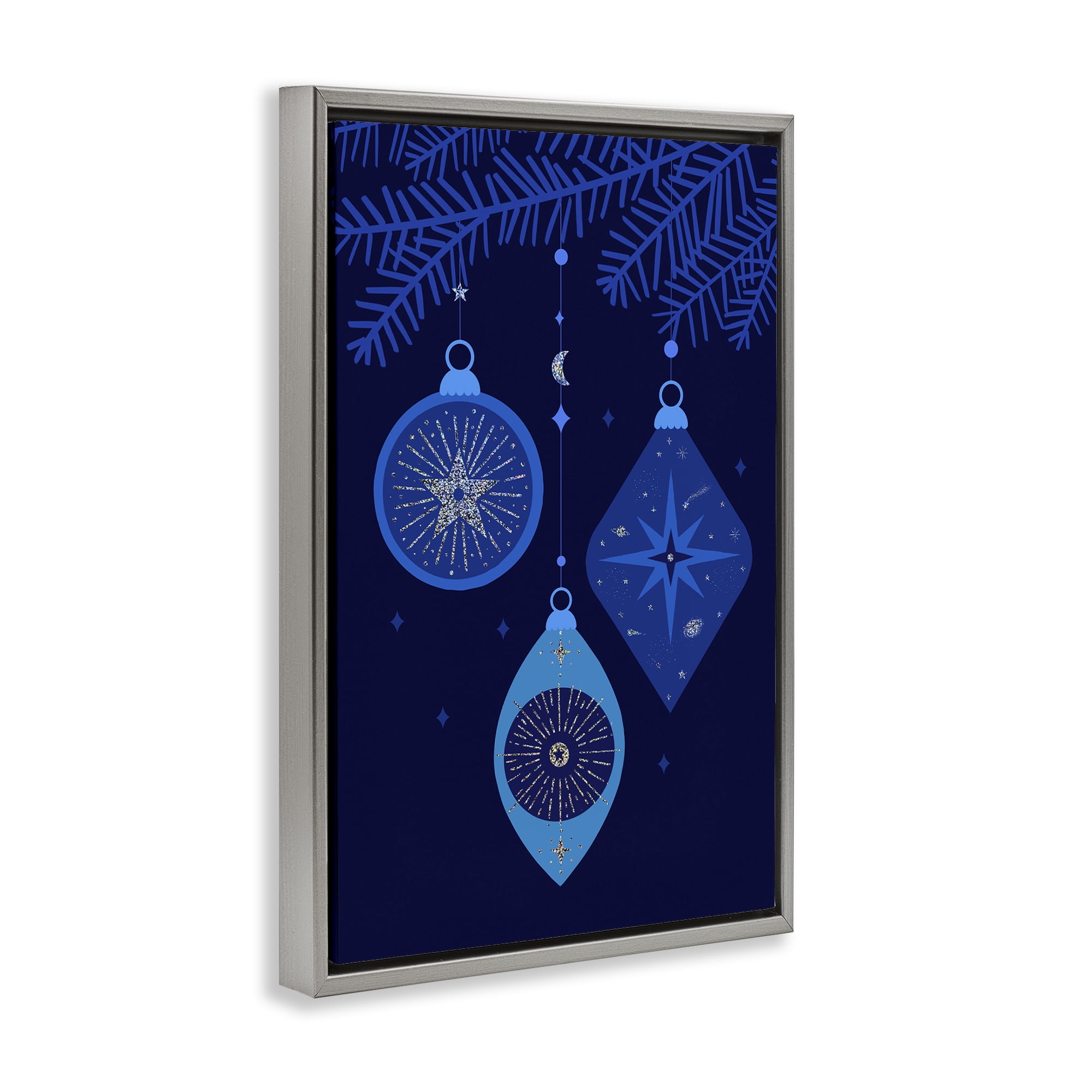 Stupell Industries Blue Hanging Ornaments Holiday Painting Gray Floater Framed Art Print Wall Art, 21 x 31
