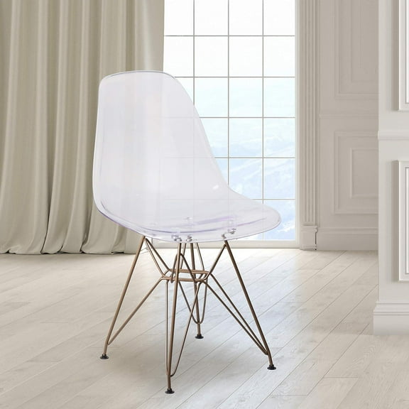 Lisonu Transparent Dining Chairs Set of 2, Modern Eames Style Side Chairs with Gold Metal Eiffel Base for Kitchen Dining Room Living Room