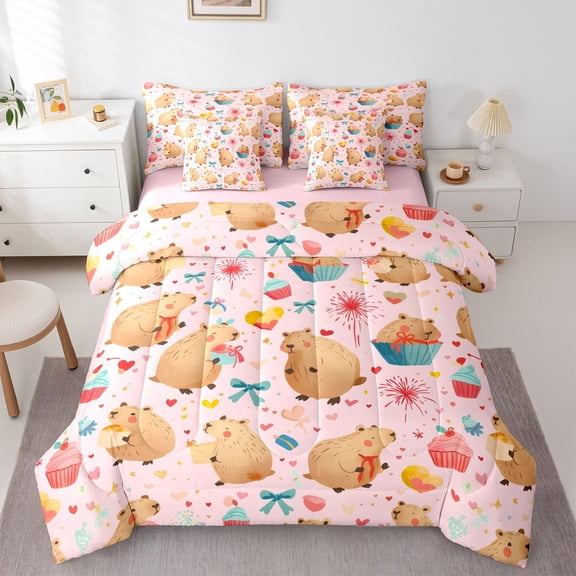 Homewish Cute Capibara Animal Twin Bedding Sets 7-Piece for Teen, Kawaii Bowknot Bedding Comforter Set, Pink Cartoon Theme Reversible Sheet Sets, Microfiber Bedroom Decor