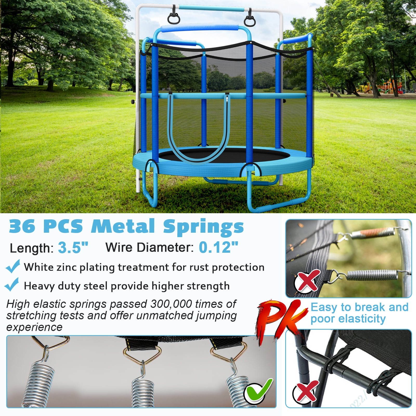 Topbuy 60 Inch Kids Trampoline, 330 LBS 3-in-1 Trampoline w/ Swinging Rings 3-Level Height Adjustable Horizontal Bar Blue