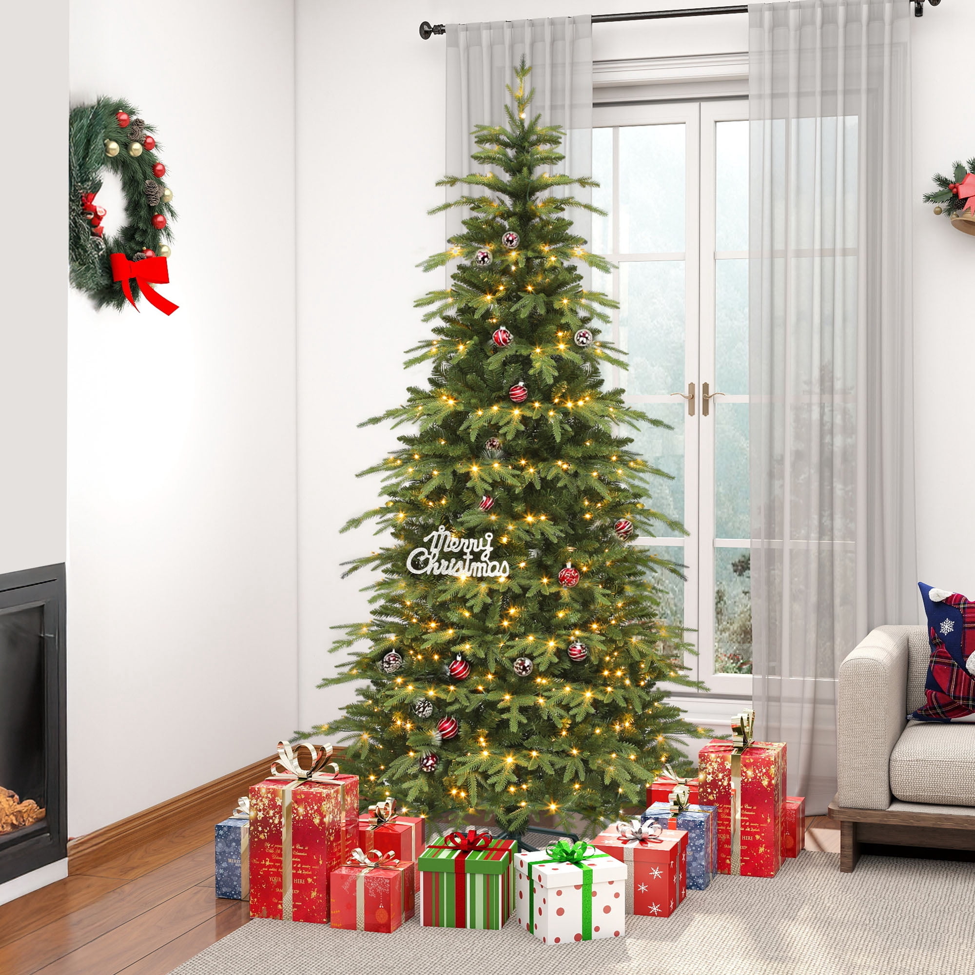 Uforic 6 ft Prelit Slim Pencil Artificial Christmas Tree with 1628 PE&PVC Tips & 300 Lights,11 Light Modes, Green