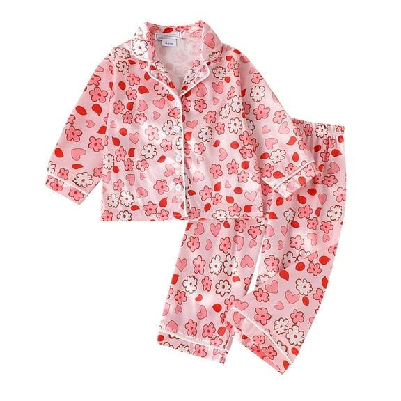 VNKIDY Valentine's Day Girls Baby Flower Prints Homewear Set Long Sleeve Collared Buttoned Top Elastic Waisted Pants For Casual Daily Wear Cute Outfit