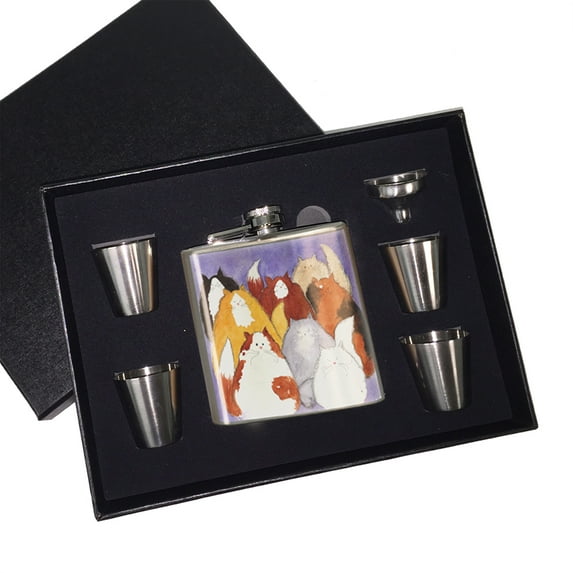 KuzmarK 6 oz. Stainless Steel Flask Set in Black Presentation Box - Eight Colorful Maine Coon Kitties Abstract Cat Art by Denise Every