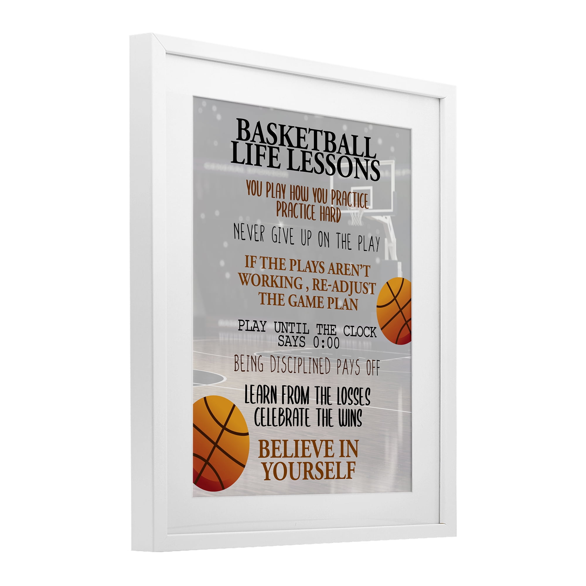 Basketball Life Lessons White Framed Print Under Glass, design by Kim Allen