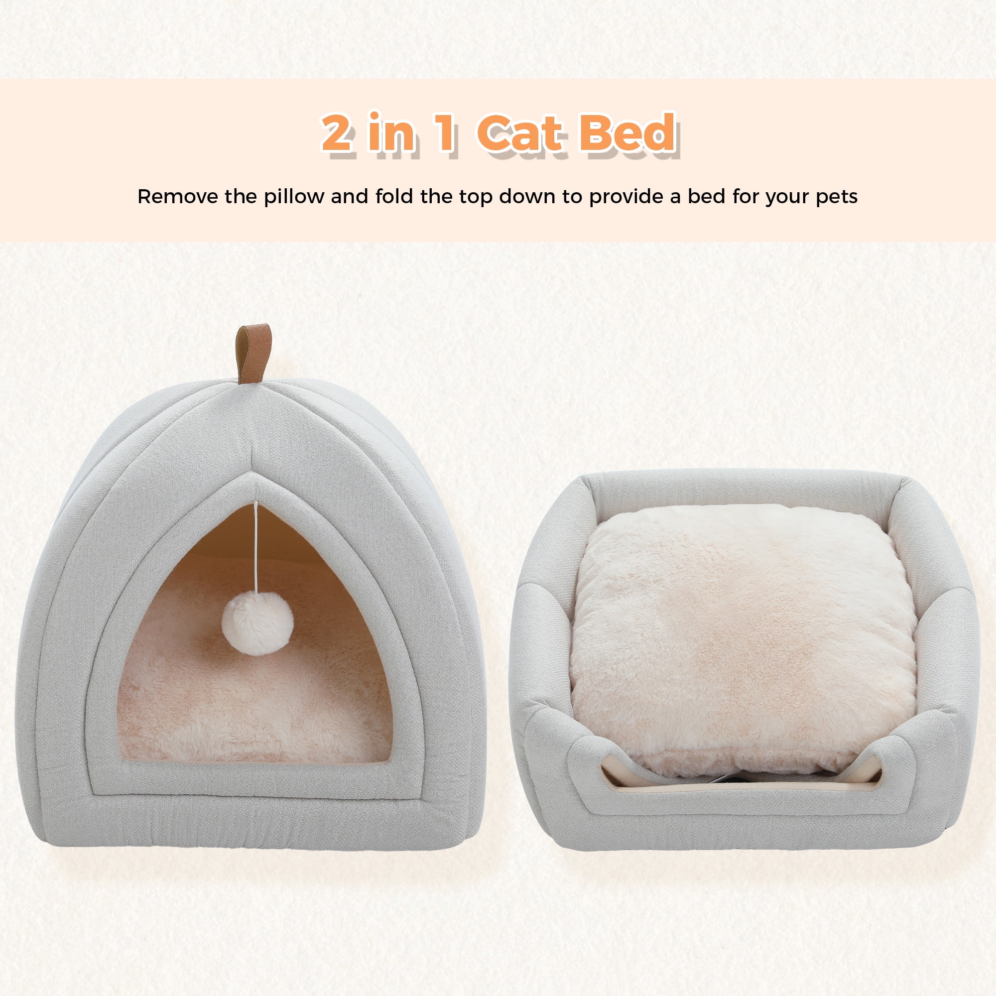 PAWZ Road 2 in 1 Cat Bed Foldable Pet Cave for Indoor Pet Cat House for Kittens and Dogs Beige