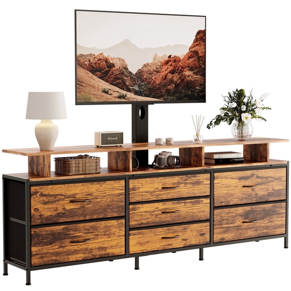 GUNAITO TV Stand with Adjustable Mount for TV up to 75", Big TV Stand for Living Room with 7 Fabric Drawers , Rustic Brown