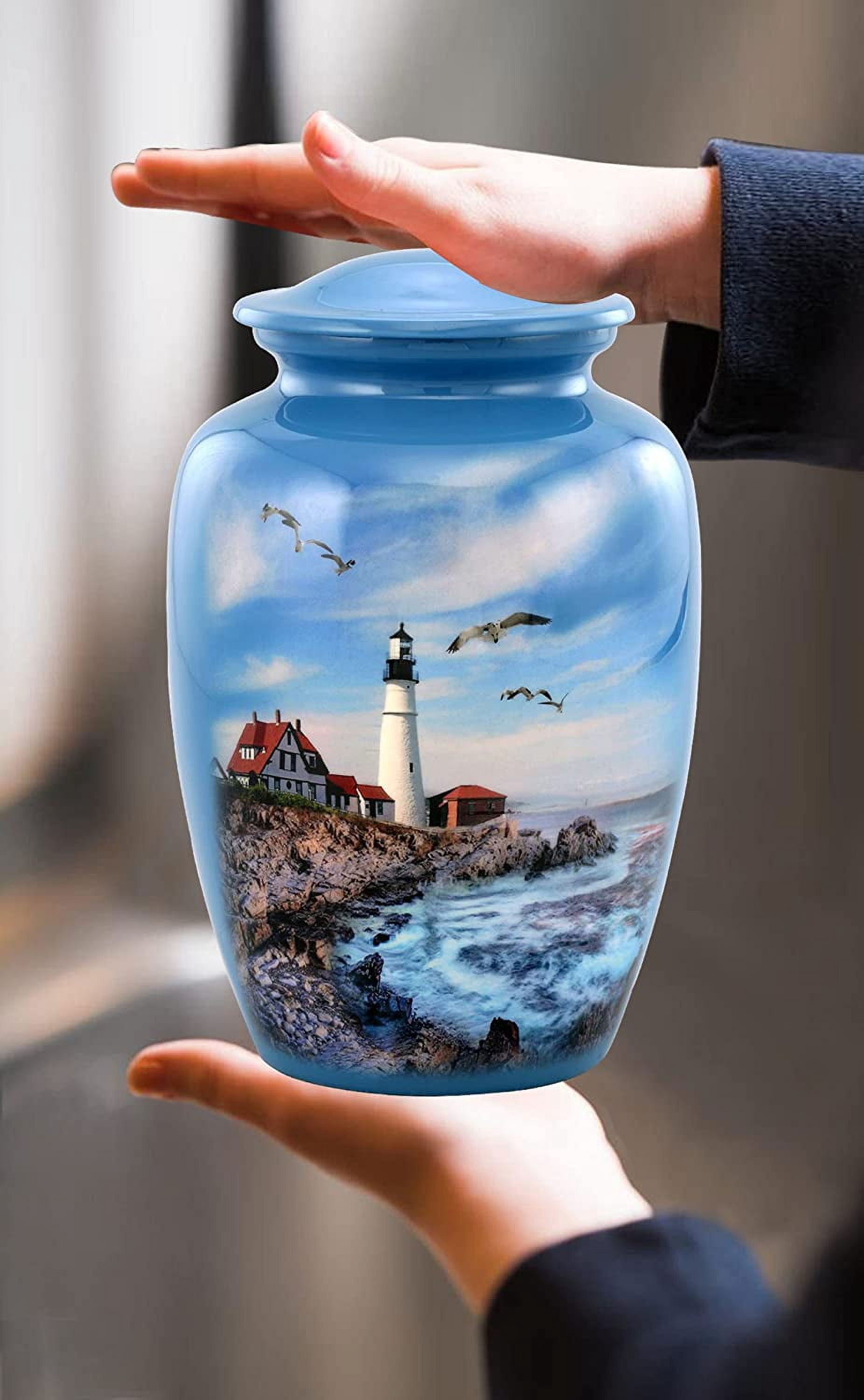 Lighthouse Large Adult Cremation Urn for Ashes, Blue Memorial Urn with Velvet Bag