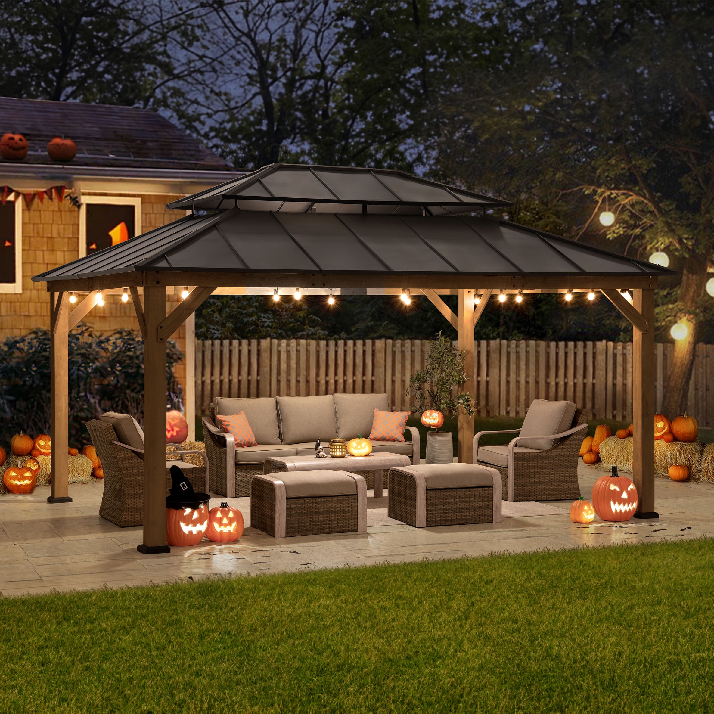 Sunjoy 12x16 ft. Wood Gazebo, Outdoor Patio Steel Hardtop Gazebo, Cedar Framed Wooden Gazebo with 2-tier Metal Roof, Suitable for Patios, Lawn, and Backyard, Dark Brown