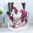 thumbnail image 4 of Unicorn Soft Flannel Fleece Throw Blanket, Graphic of Surreal Animal with Long Horn and Hare of Female Energy Print, Cozy Plush for Indoor and Outdoor Use, 60" x 80", Pink White, by Ambesonne, 4 of 5
