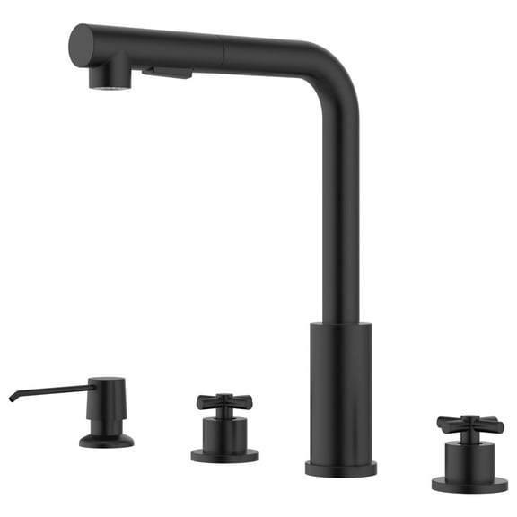 2 Handle Pull Down Kitchen Faucet with Soap Dispenser, 4 hole Stainless Steel Faucet with Separate Handles, L-shaped with Pull Down Sprayer, Matte Black Kitchen Sink Faucet for 3 hole Kitchen/Bar/RV