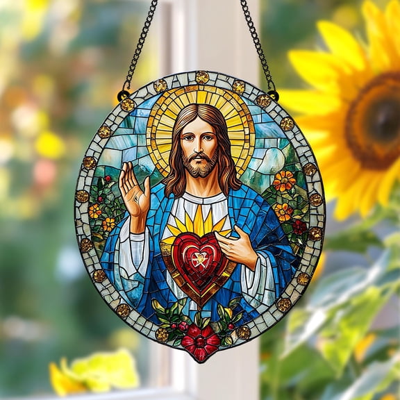 Jesus Sacred Heart Faux Stained Glass Suncatcher Acrylic Window Panel with Radiant Halo and Red Heart, Spiritual Gift for Catholic Homes